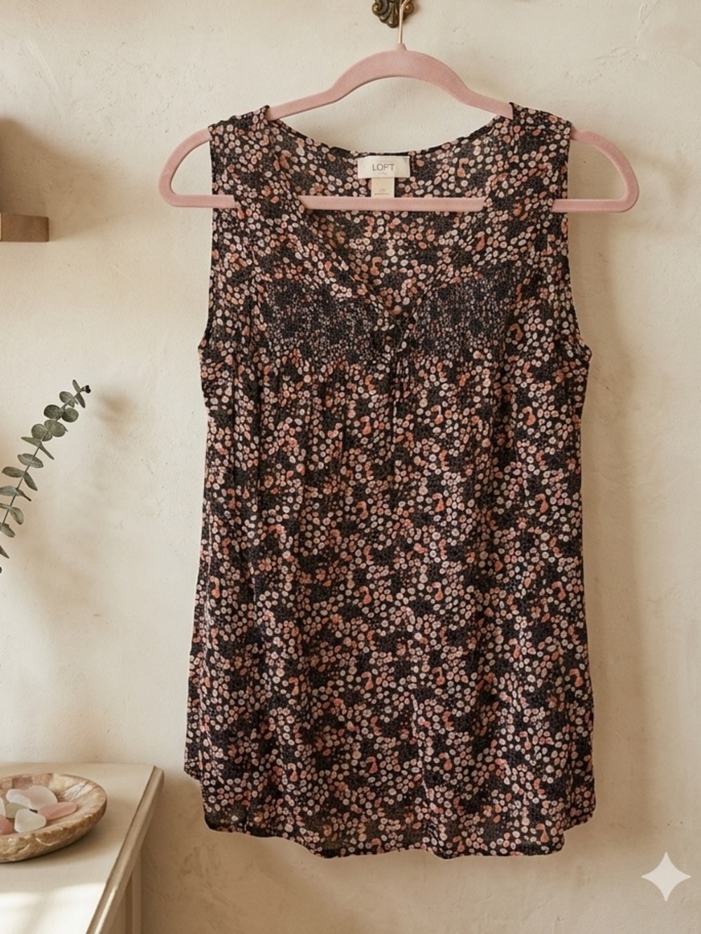 LOFT Black Floral Blouse with Pink & Cream Accents